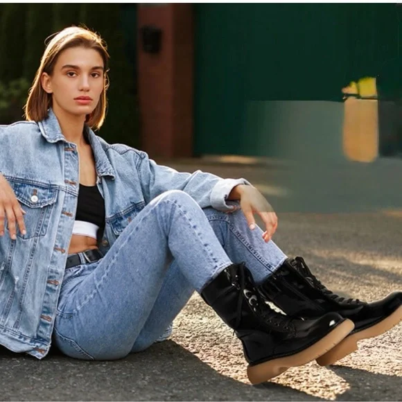 Dream Pairs Glossy Dark Brown Lace-Up Combat Boots - Picture 5 of 17